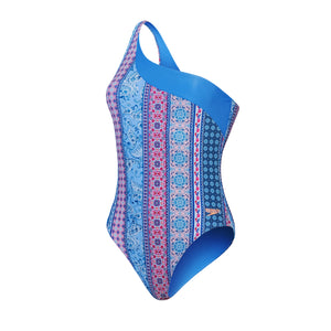 Asymmetric Leaf Print Sevres Blue One Piece