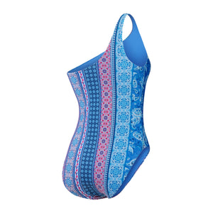 Asymmetric Leaf Print Sevres Blue One Piece