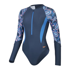 Paisley Print Long Sleeve Swimsuit Spruce Blue